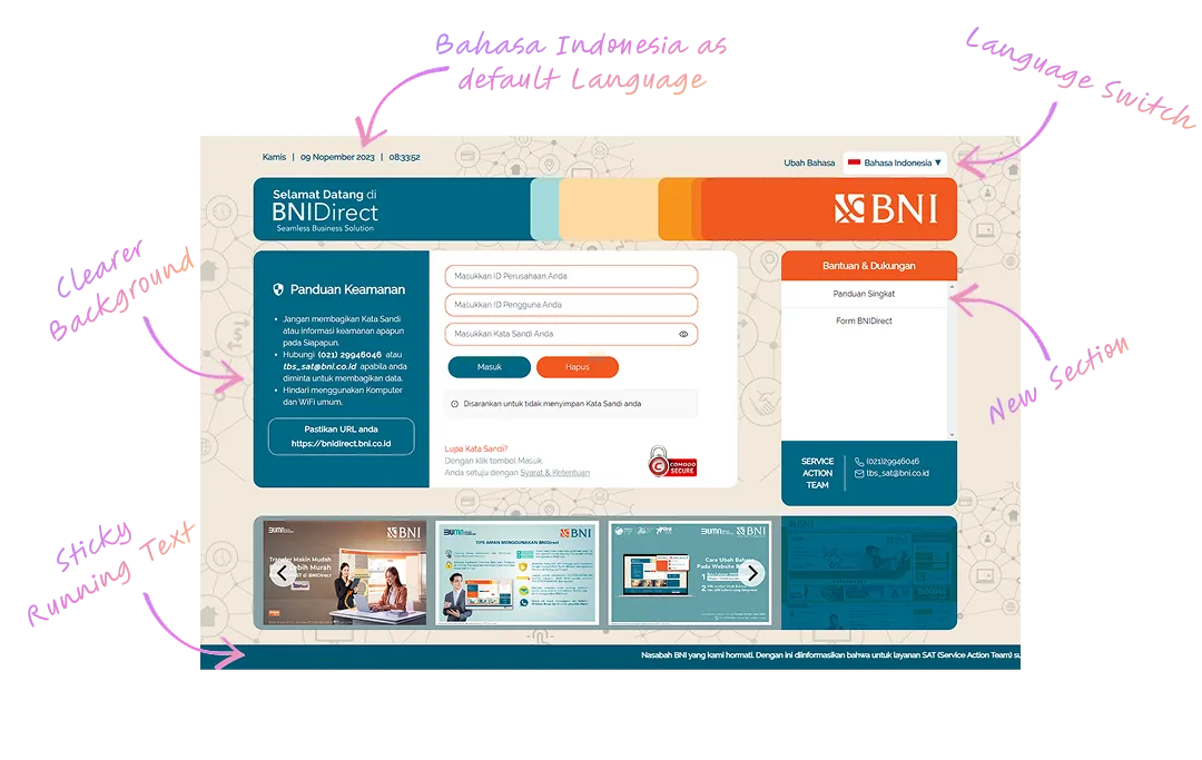 The final BNIDirect login design annotated with its changes: Bahasa Indonesia as default language, language switch, clearer background, new help and support section, and sticky running text