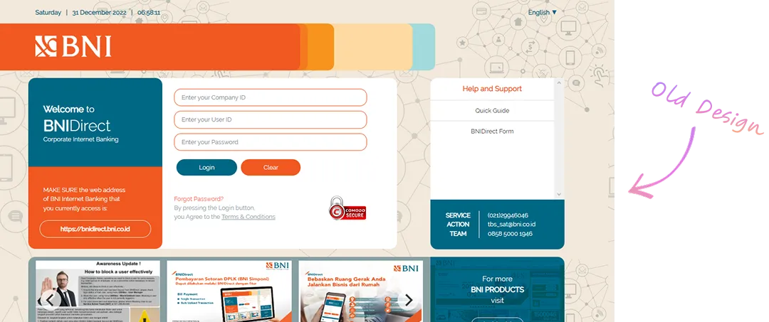 The original BNIDirect login page, with English set as the language and a single orange URL warning block