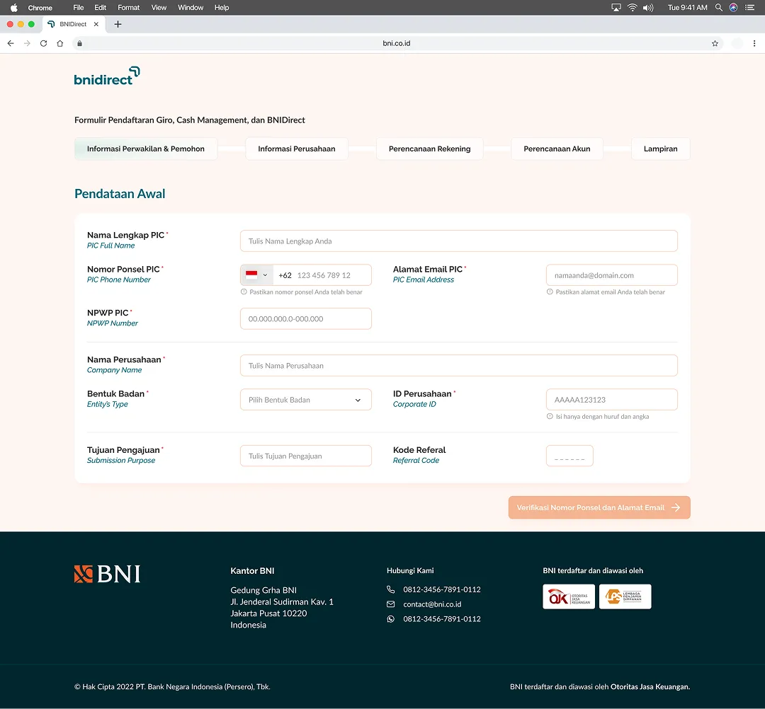 Initial data step: bilingual fields for the PIC's name, phone, email and NPWP, plus company name, entity type, corporate ID and submission purpose
