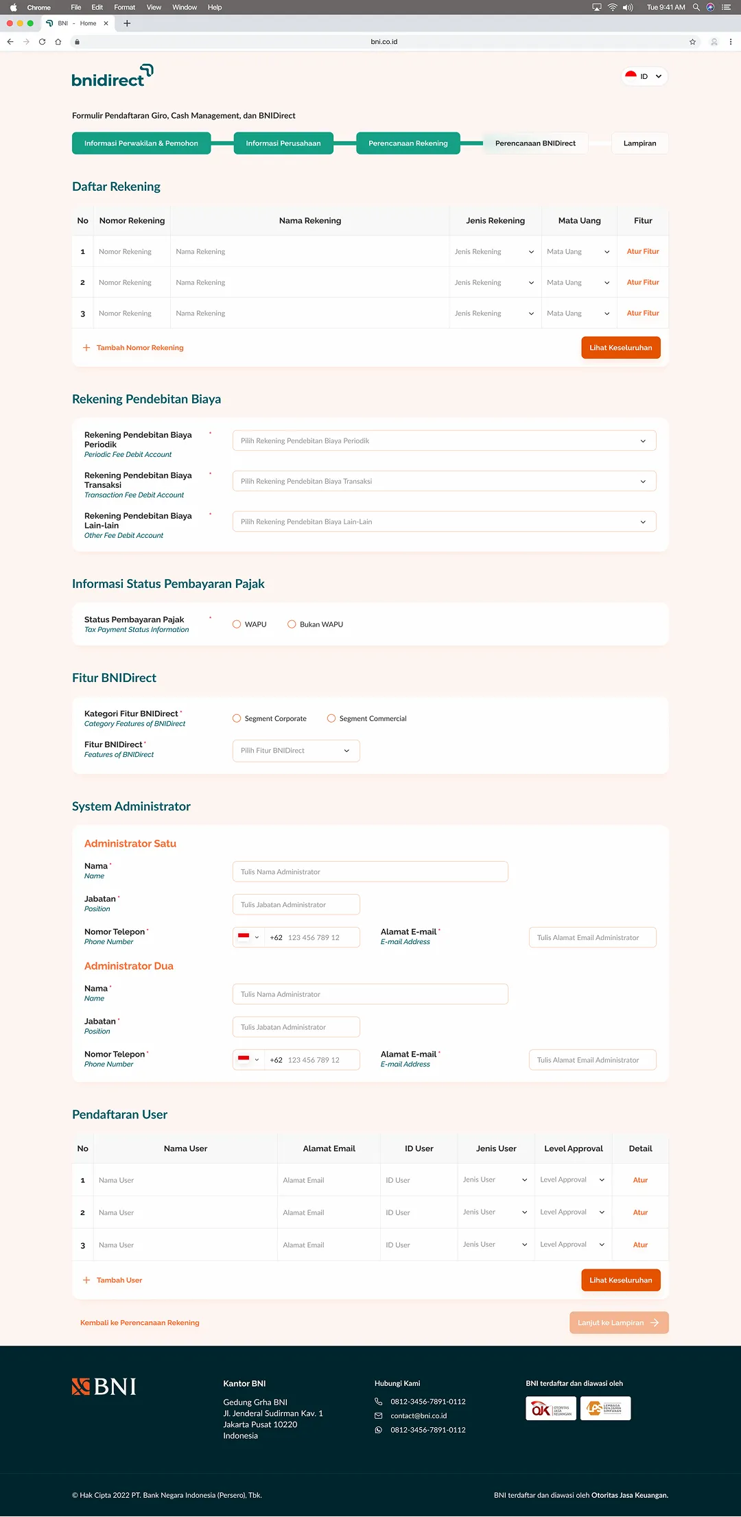 Account planning step: account list table, fee debit accounts, tax payment status, BNIDirect feature category, two system administrators and a user registration table