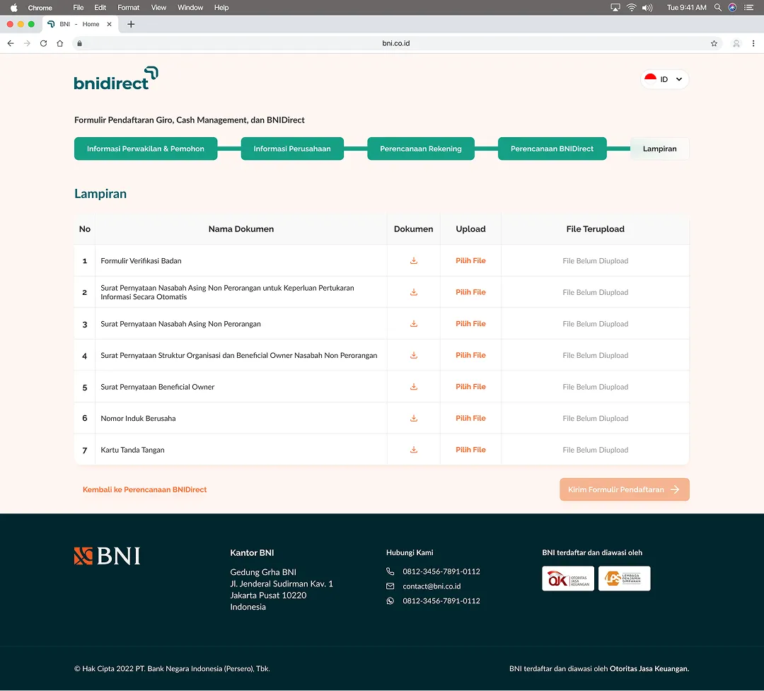 Attachments step: a table of seven required documents, each with a template to download, a file picker, and an upload status