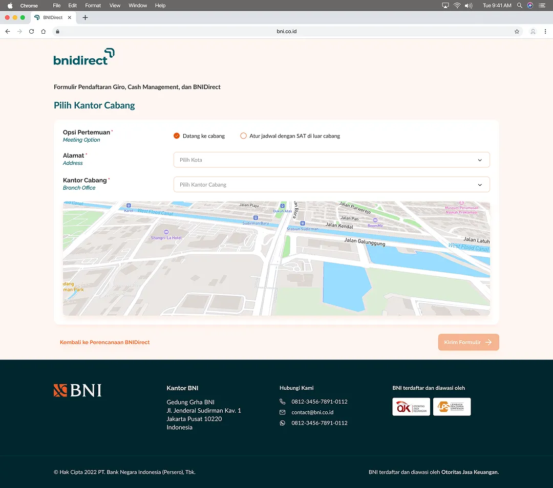 Branch selection: a choice between visiting a branch or scheduling with the Service Action Team, with city and branch pickers and a map